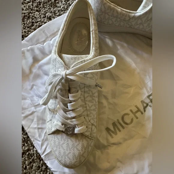 Michael Kors Monogrammed White and Silver Sneakers - Picture 2 of 4